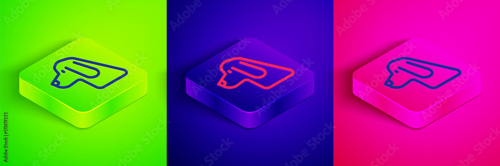 Isometric line Hunting dog icon isolated on green, blue and pink background. Square button. Vector Isometric line Hunting dog icon isolated on green, blue and pink background. Square button. Vector