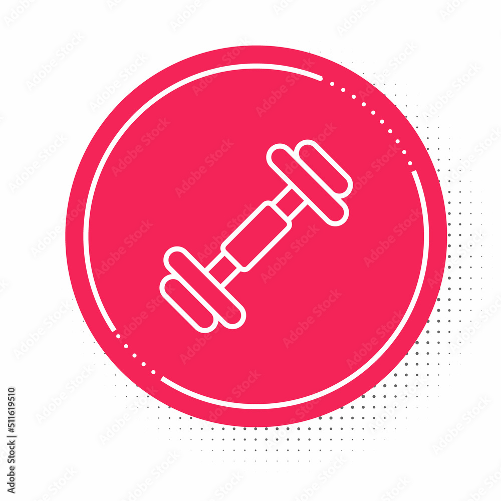 White line Dumbbell icon isolated on white background. Muscle lifting, fitness barbell, sports equipment. Red circle button. Vector White line Dumbbell icon isolated on white background. Muscle lifting, fitness barbell, sports equipment. Red circle button. Vector