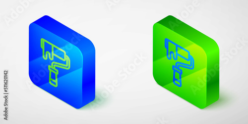 Isometric line Paint roller brush icon isolated on grey background. Blue and green square button. Vector