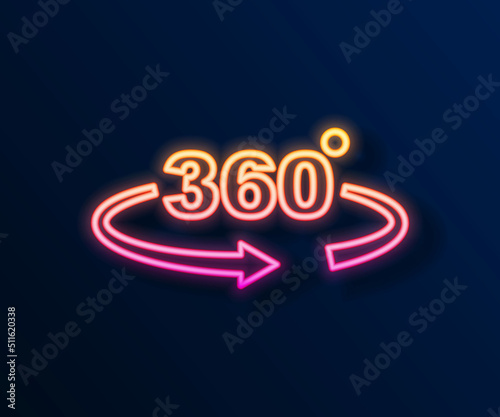 Glowing neon line 360 degree view icon isolated on black background. Virtual reality. Angle 360 degree camera. Panorama photo. Vector