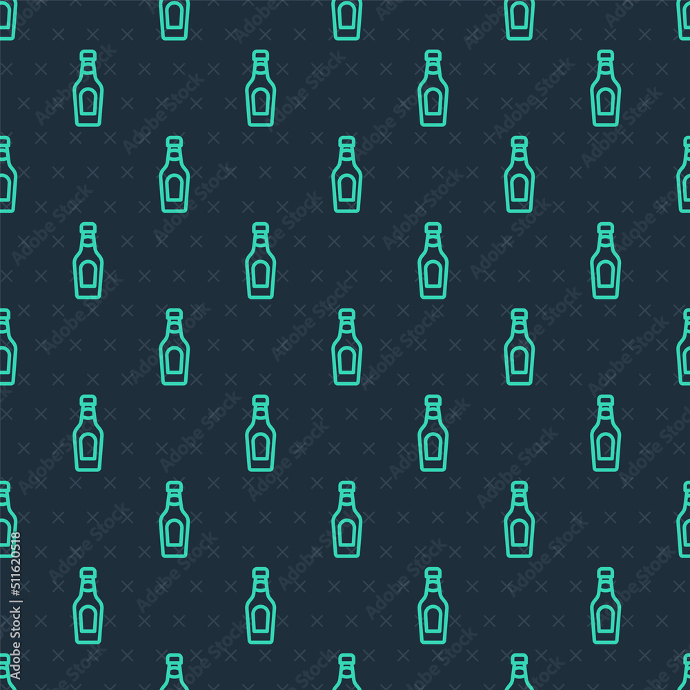 Green line Champagne bottle icon isolated seamless pattern on blue background. Merry Christmas and Happy New Year. Vector