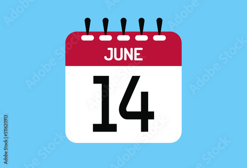June day 14. Calendar design template 14 june in background blue.