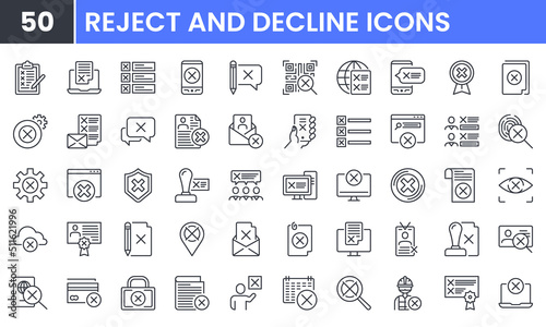 Reject and Decline vector line icon set. Contains linear outline icons like Cancel, Wrong, Close, Delete, Cross, Deny, Remove, X. Editable use and stroke for web. photo