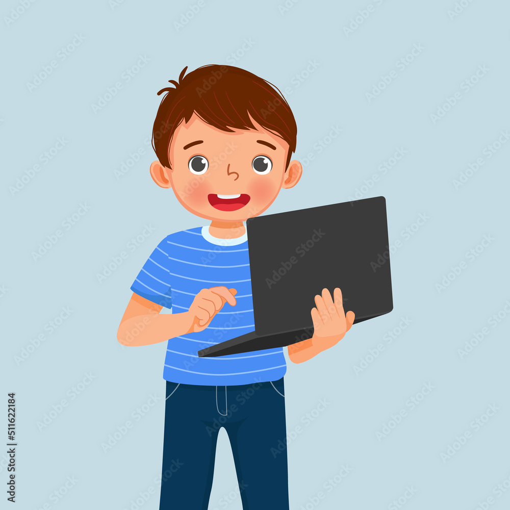 cute little boy student holding and using laptop for studying browsing and doing homework cute little boy student holding and using laptop for studying browsing and doing homework