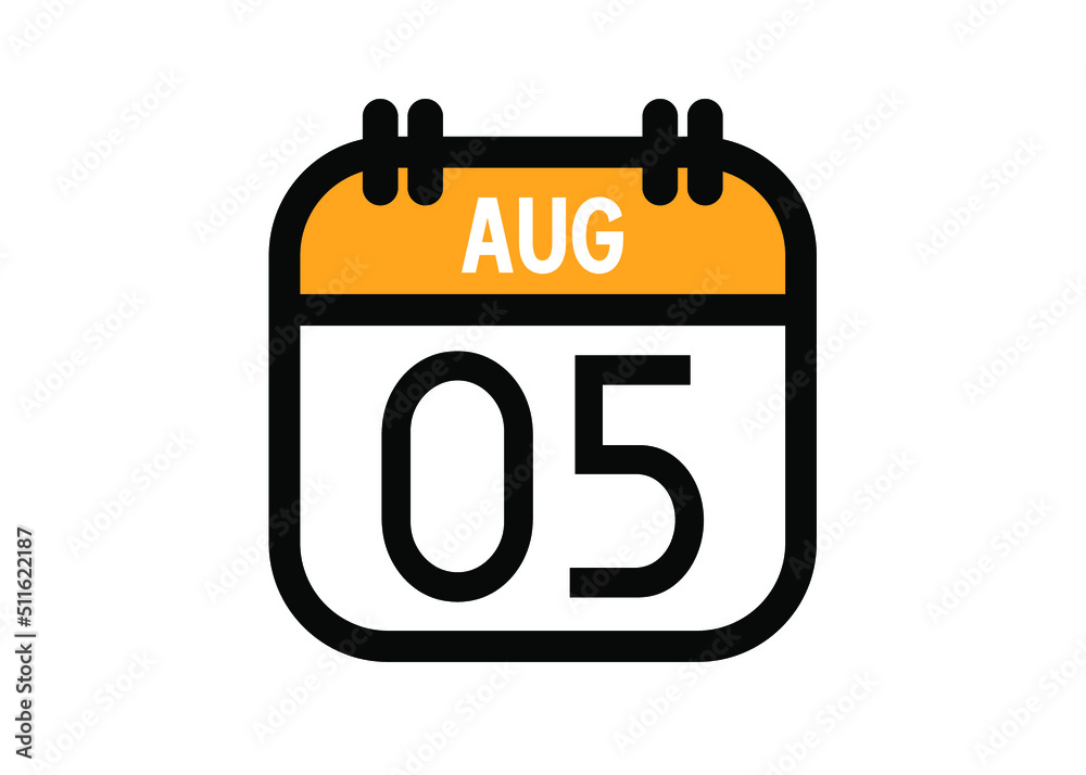 August 5. August calendar for deadline and appointment. Vector in Yellow.