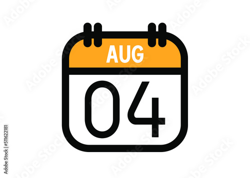 August 4. August calendar for deadline and appointment. Vector in Yellow.