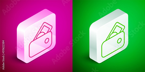 Isometric line Wallet with money icon isolated on pink and green background. Purse icon. Cash savings symbol. Silver square button. Vector