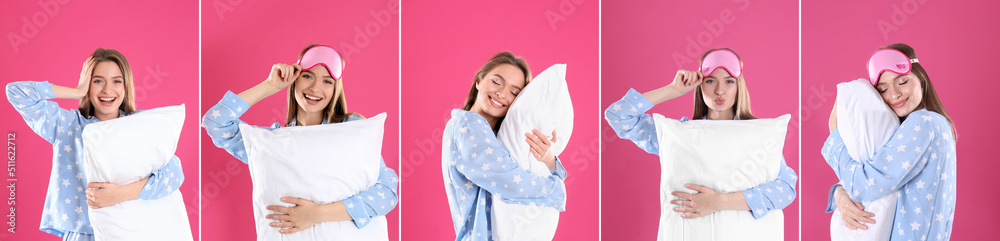 Collage with photos of young woman holding soft pillows on pink background. Banner design Collage with photos of young woman holding soft pillows on pink background. Banner design