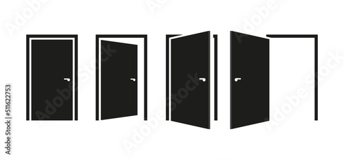 Door icons. Vector black door icons on white background. Open and closed door icons.