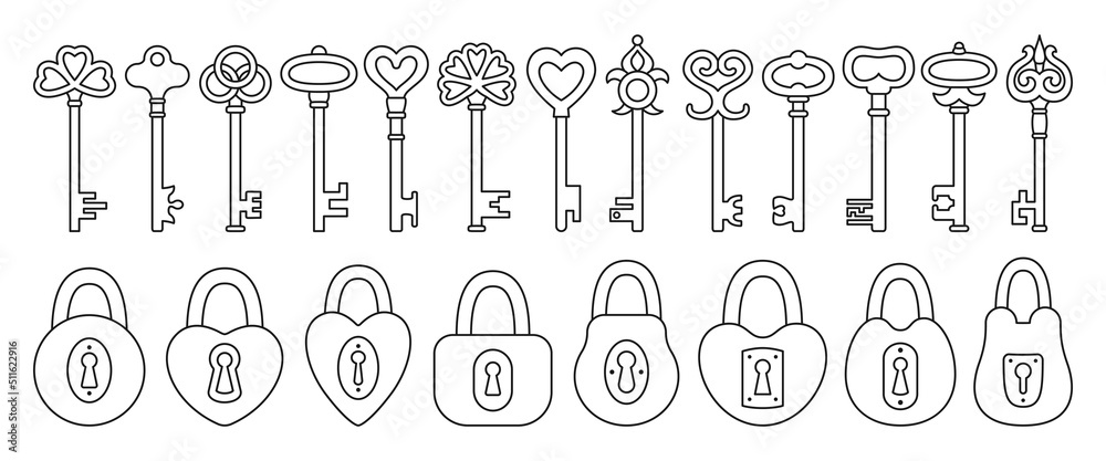 Lock and Key line icon set. Old doodle padlock for safety and security  protection vintage design