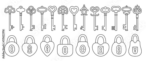 Lock and Key line icon set. Old doodle padlock for safety and security protection vintage design element. Private access symbol keys and locks for logo, game, web or app ui sign locking privacy