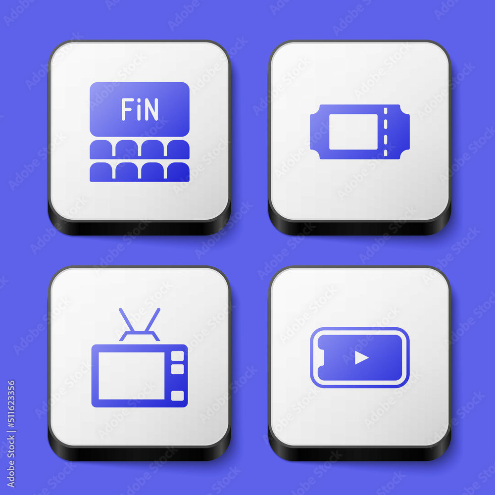 Set Cinema auditorium with screen, ticket, Retro tv and Online play video icon. White square button. Vector
