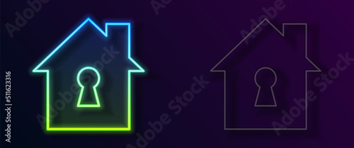 Glowing neon line House under protection icon isolated on black background. Home and shield. Protection, safety, security, protect, defense concept. Vector