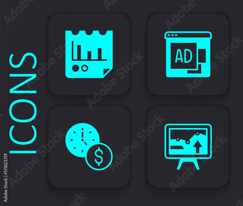 Set Monitor with graph chart, Document, Advertising and Time money icon. Black square button. Vector