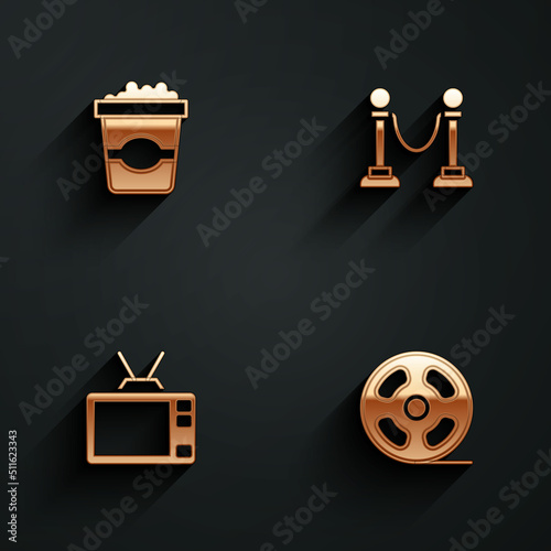 Set Popcorn in cardboard box, Rope barrier, Retro tv and Film reel icon with long shadow. Vector