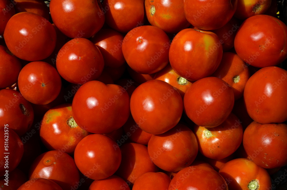 Background of ripe juicy tomatoes lying in sunny weather. Background of ripe juicy tomatoes lying in sunny weather.
