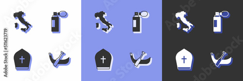 Set Gondola boat, Map of Italy, Pope hat and Perfume icon. Vector