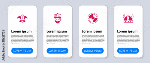 Set Viking in horned helmet, Round shield, King with crown and Fleur de lys lily flower. Business infographic template. Vector