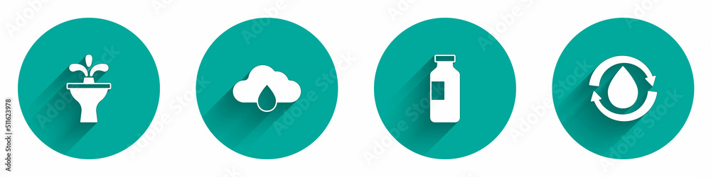 Set Fountain, Cloud with rain, Bottle of water and Recycle clean aqua icon with long shadow. Vector Set Fountain, Cloud with rain, Bottle of water and Recycle clean aqua icon with long shadow. Vector