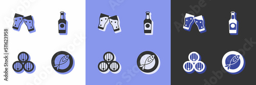 Set Dried fish, Glass of beer, Wooden barrel and Beer bottle icon. Vector