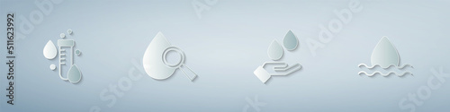 Set Test tube with water drop, Drop and magnifying glass, Washing hands soap and Water. Paper art style. Vector