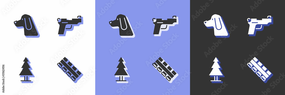 Set Hunting cartridge belt, dog, Tree and Pistol or gun icon. Vector Set Hunting cartridge belt, dog, Tree and Pistol or gun icon. Vector