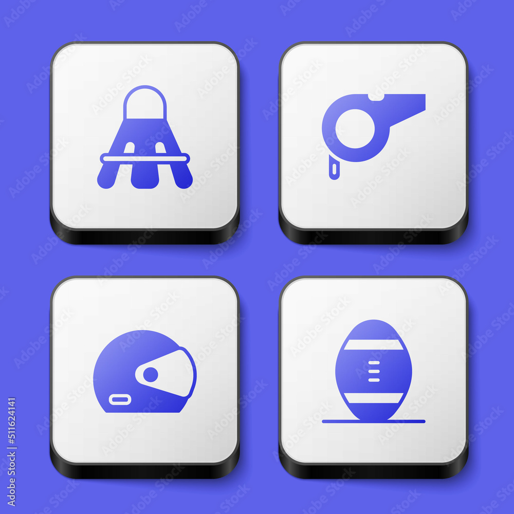 Set Badminton shuttlecock, Whistle, Racing helmet and American Football ball icon. White square button. Vector Set Badminton shuttlecock, Whistle, Racing helmet and American Football ball icon. White square button. Vector