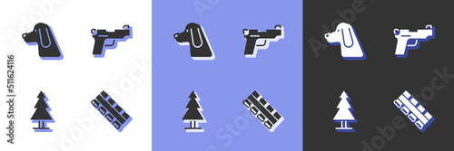 Set Hunting cartridge belt, dog, Tree and Pistol or gun icon. Vector