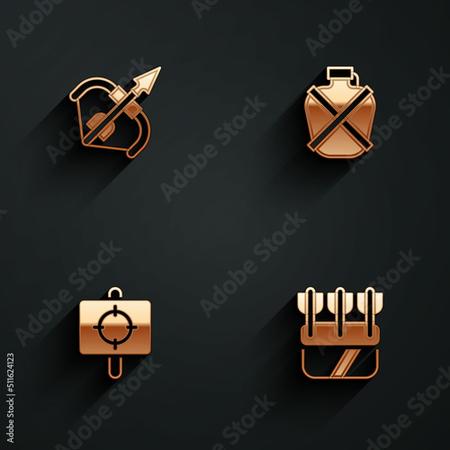 Set Medieval bow and arrow, Canteen water bottle, Target sport and Quiver with arrows icon with long shadow. Vector