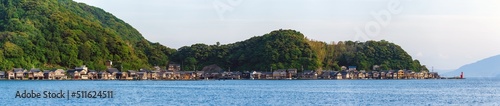 Ultra wide panorama image of boathouses at Ine Town in Kyoto, Japan