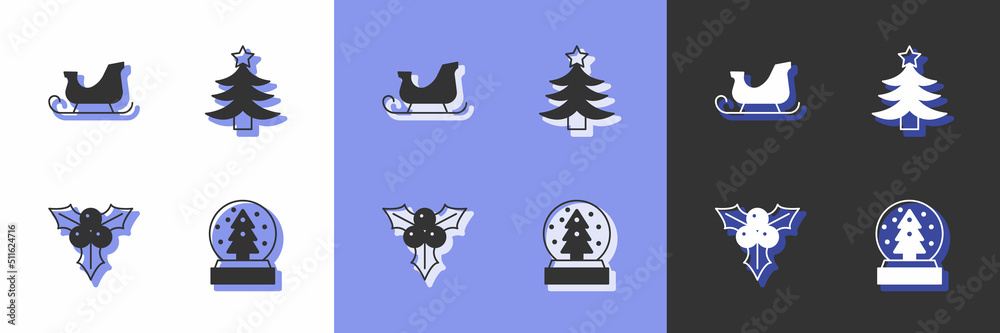 Set Christmas snow globe, santa claus sleigh, Branch viburnum and tree icon. Vector
