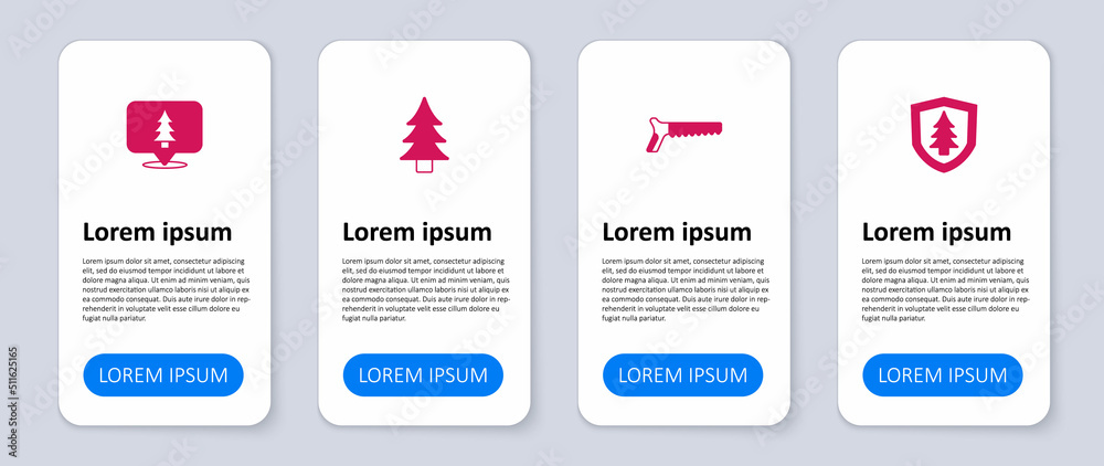 Set Shield with tree, Hand saw, Tree and Location of the forest. Business infographic template. Vector