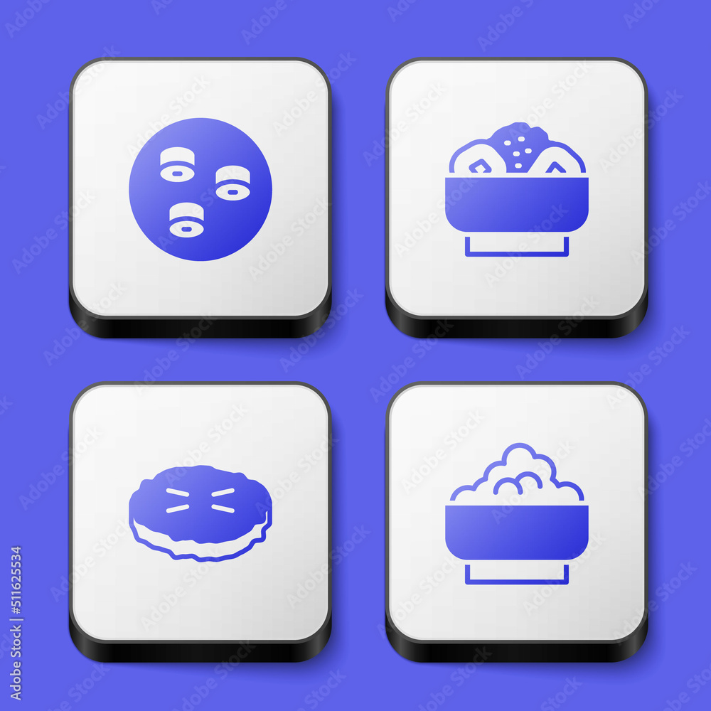 Set Sushi, Chow mein on plate, Homemade pie and Rice bowl icon. White square button. Vector