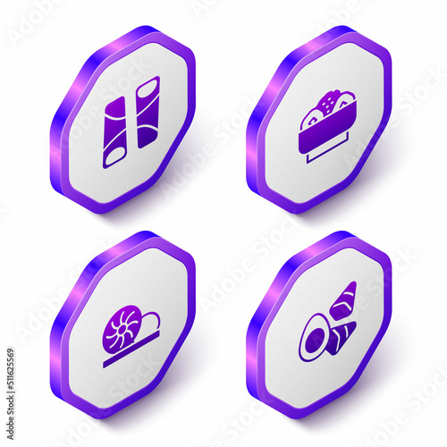 Set Isometric Guotie, Chow mein on plate, Xiao long bao and Chicken egg with vegerables icon. Purple hexagon button. Vector