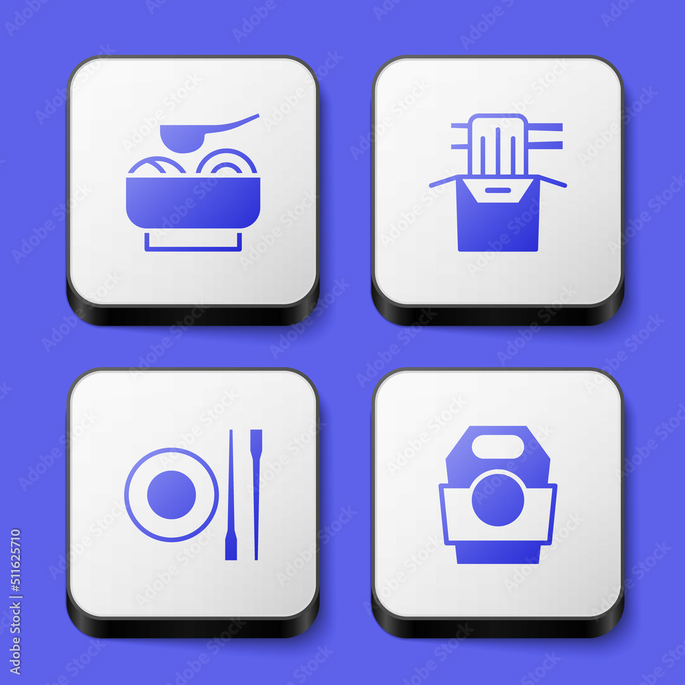 Set Ramen soup bowl, Asian noodles in paper box, Food chopsticks with plate and icon. White square button. Vector Set Ramen soup bowl, Asian noodles in paper box, Food chopsticks with plate and icon. White square button. Vector