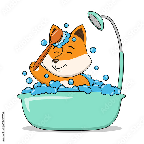 Cartoon illustration of a cute fox taking a bath in the bathtub