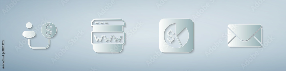 Set Human and money, Browser window, Market analysis and Mail e-mail. Paper art style. Vector Set Human and money, Browser window, Market analysis and Mail e-mail. Paper art style. Vector