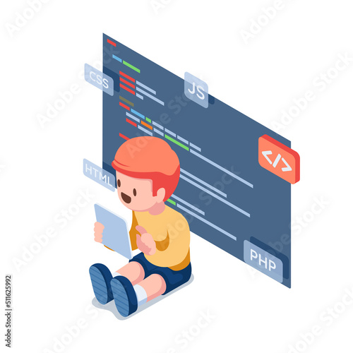 Isometric Kids Coding and Programing on Digital Tablet