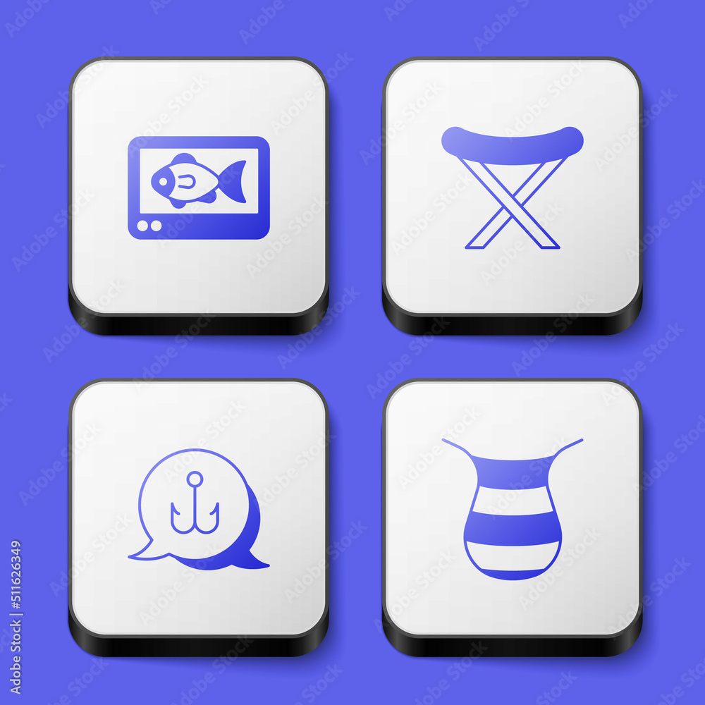 Set Fish finder echo sounder, Camping folding chair, Fishing hook and net icon. White square button. Vector Set Fish finder echo sounder, Camping folding chair, Fishing hook and net icon. White square button. Vector