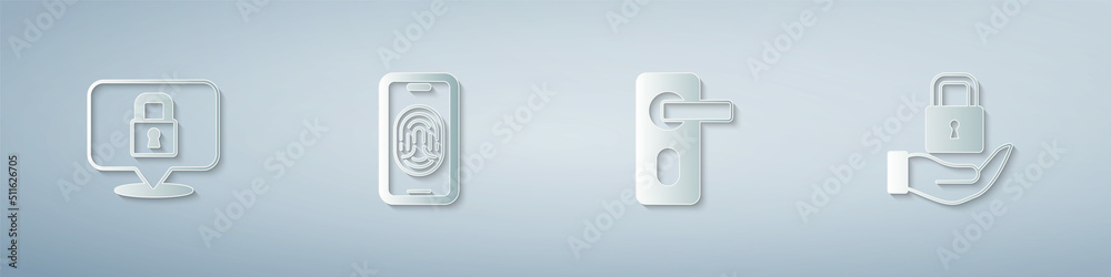 Set Lock, Mobile with fingerprint scanner, Fingerprint door lock and . Paper art style. Vector Set Lock, Mobile with fingerprint scanner, Fingerprint door lock and . Paper art style. Vector