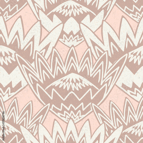 SEAMLESS VECTOR PATTERN king protea floral motif. bold, simple sophisticated vintage pastel pink minimalist flowers. Tribal mud cloth aztec boho luxe inspired large scale protea buds with texture