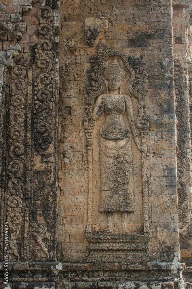 Sandstone sculpture of Apsara at Pre Rup Castle, an ancient castle in Siem Reap, Cambodia.