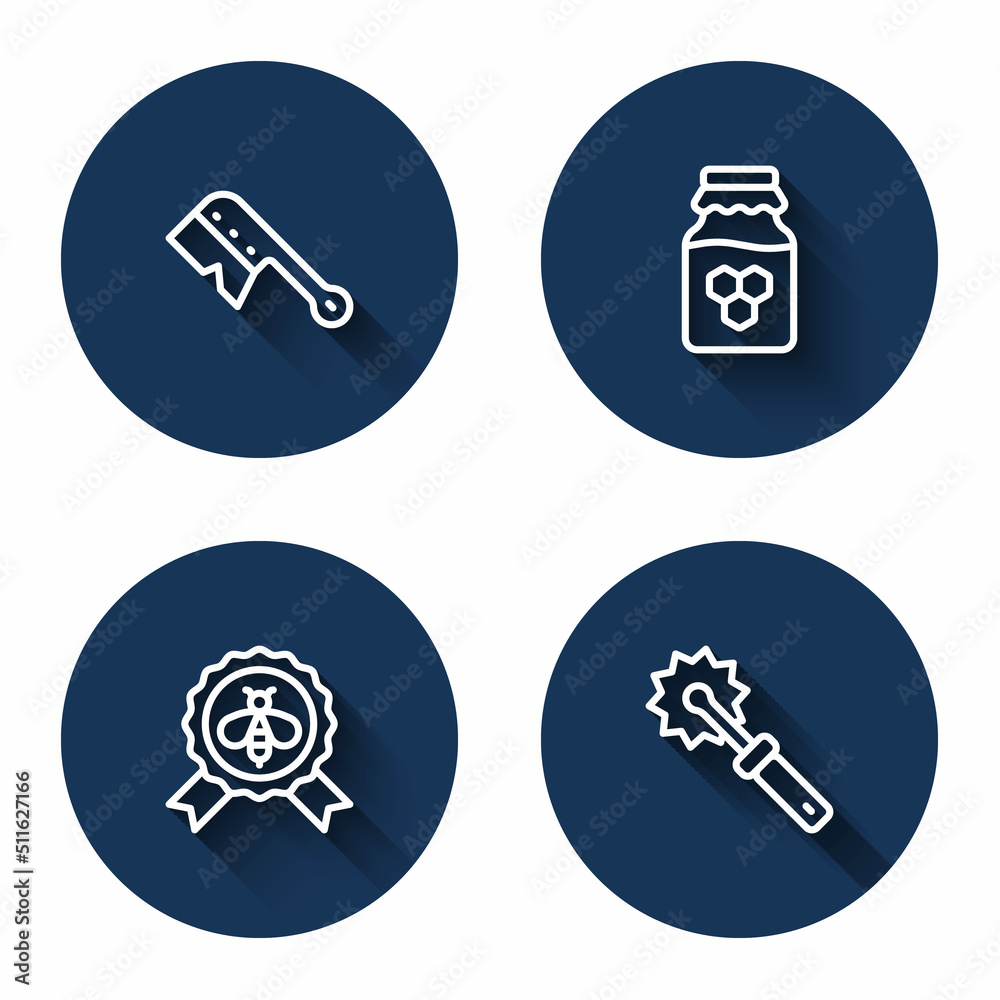 Set line Beekeeping brush, Jar of honey, Best bee and Cutter roll for with long shadow. Blue circle button. Vector Set line Beekeeping brush, Jar of honey, Best bee and Cutter roll for with long shadow. Blue circle button. Vector