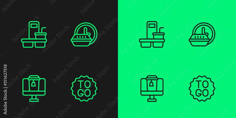 Set line Coffee cup to go, Online ordering food, and Round the clock delivery icon. Vector Set line Coffee cup to go, Online ordering food, and Round the clock delivery icon. Vector