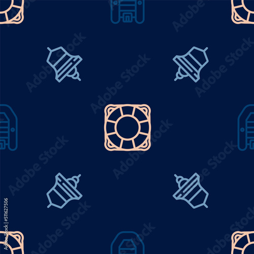 Set line Inflatable boat with motor, Ship bell and Lifebuoy on seamless pattern. Vector
