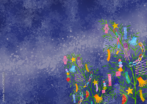 七夕の笹飾りと天の川夜空の水彩風背景