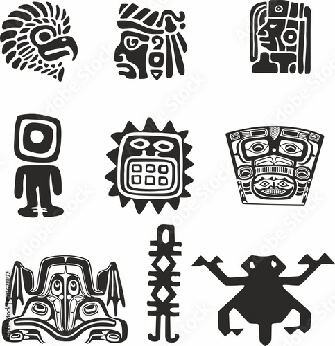 Vector monochrome set of Native American Indian national symbols. Ethnic round ornaments of the peoples of America  Aztec  Maya  Incas  Peru  Brazil  Mexico  Honduras  Guatemala