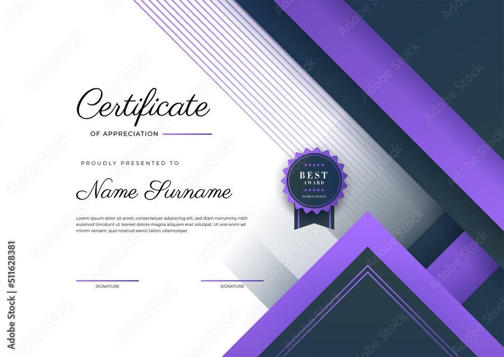Modern black and purple certificate of achievement award template with ...