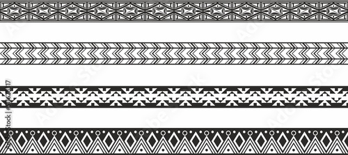 Vector set of seamless monochrome geometric Indian ornaments. Borders, frames, patterns of indigenous peoples of the Americas, Aztec, Maya, Incas.