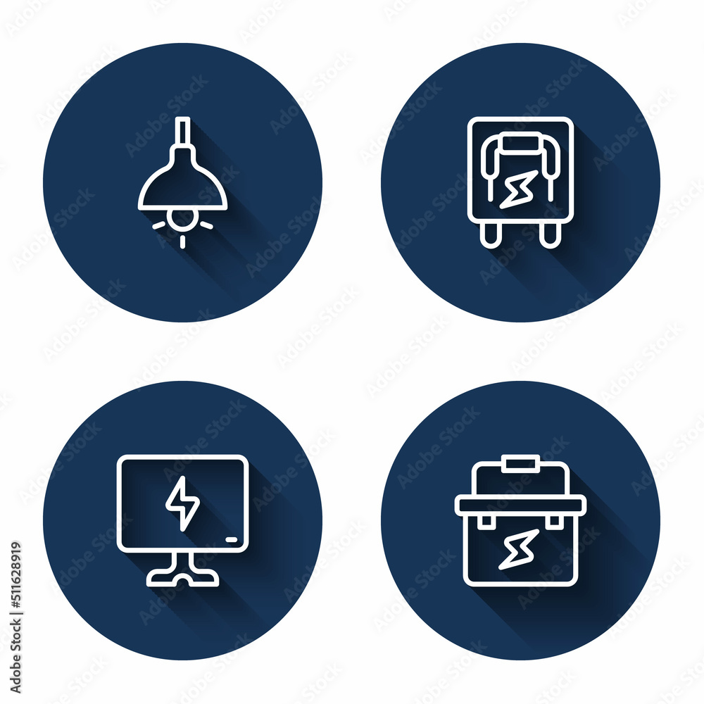 Set line Lamp hanging, Electrical panel, Smart Tv and Toolbox electrician with long shadow. Blue circle button. Vector Set line Lamp hanging, Electrical panel, Smart Tv and Toolbox electrician with long shadow. Blue circle button. Vector
